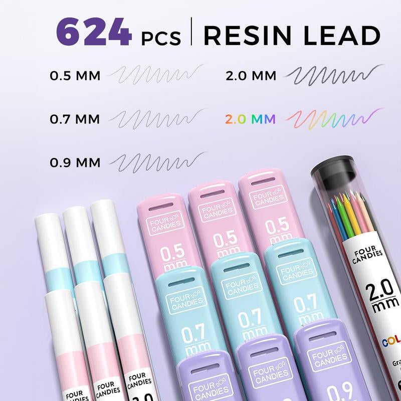 Four Candies 36PCS Aesthetic School Supplies, Mechanical Pencils 0.5Mm, 0.7Mm, 0.9Mm & 2.0Mm with 624PCS Lead Refills, Cute Mechanical Pencils for Writing, Drawing & Drafting,Backtoschool,Schoolsupplies,Backtoschoolshopping