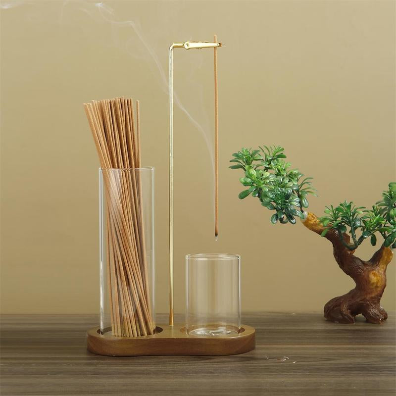 2 in 1 Incense & Candle Holder, 1 Count Wooden Base Aromatherapy Diffuser Incense Burner with Removable Glass Ash Collector, Woody Home Decor Ornament for Living Room Bedroom, Funny Gift, Scented, Aroma, Fragrance