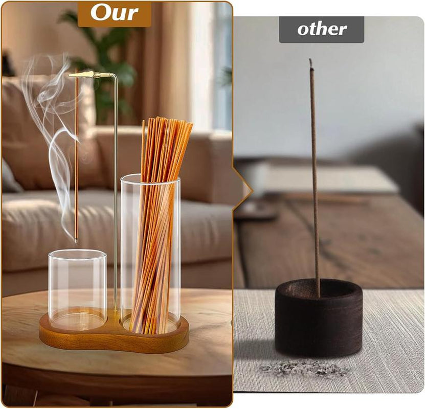 2 in 1 Incense & Candle Holder, 1 Count Wooden Base Aromatherapy Diffuser Incense Burner with Removable Glass Ash Collector, Woody Home Decor Ornament for Living Room Bedroom, Funny Gift, Scented, Aroma, Fragrance