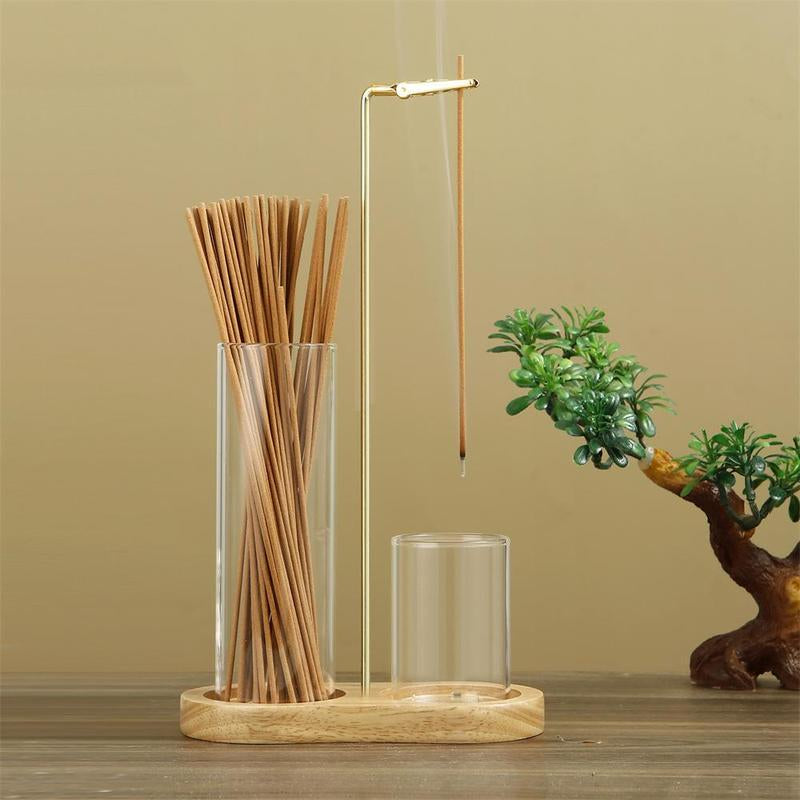 2 in 1 Incense & Candle Holder, 1 Count Wooden Base Aromatherapy Diffuser Incense Burner with Removable Glass Ash Collector, Woody Home Decor Ornament for Living Room Bedroom, Funny Gift, Scented, Aroma, Fragrance