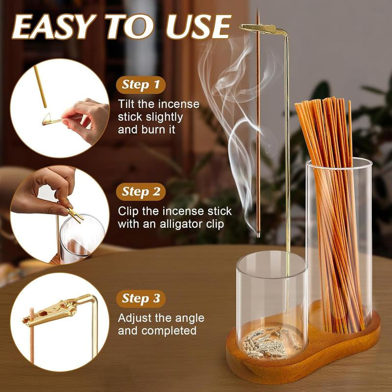 2 in 1 Incense & Candle Holder, 1 Count Wooden Base Aromatherapy Diffuser Incense Burner with Removable Glass Ash Collector, Woody Home Decor Ornament for Living Room Bedroom, Funny Gift, Scented, Aroma, Fragrance