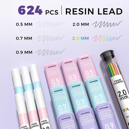 Four Candies 36PCS Aesthetic School Supplies, Mechanical Pencils 0.5Mm, 0.7Mm, 0.9Mm & 2.0Mm with 624PCS Lead Refills, Cute Mechanical Pencils for Writing, Drawing & Drafting,Backtoschool,Schoolsupplies,Backtoschoolshopping