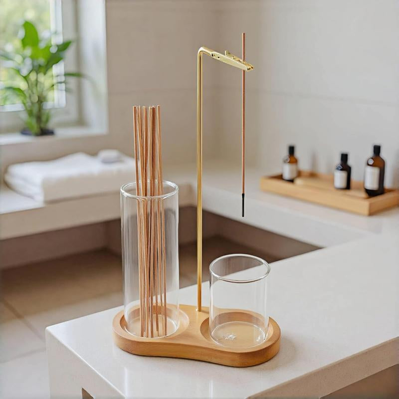 2 in 1 Incense & Candle Holder, 1 Count Wooden Base Aromatherapy Diffuser Incense Burner with Removable Glass Ash Collector, Woody Home Decor Ornament for Living Room Bedroom, Funny Gift, Scented, Aroma, Fragrance