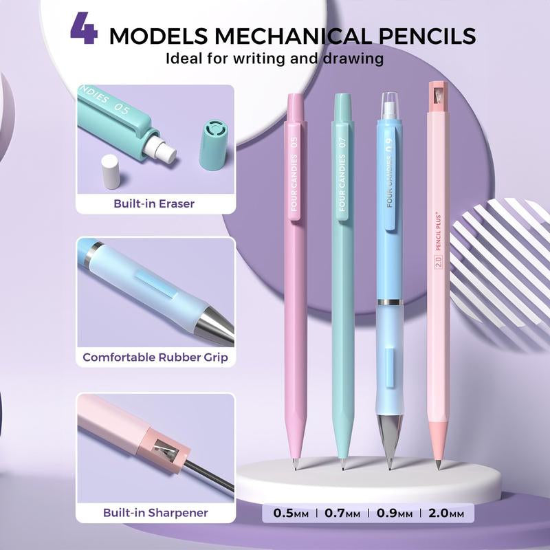 Four Candies 36PCS Aesthetic School Supplies, Mechanical Pencils 0.5Mm, 0.7Mm, 0.9Mm & 2.0Mm with 624PCS Lead Refills, Cute Mechanical Pencils for Writing, Drawing & Drafting,Backtoschool,Schoolsupplies,Backtoschoolshopping