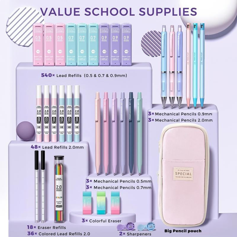 Four Candies 36PCS Aesthetic School Supplies, Mechanical Pencils 0.5Mm, 0.7Mm, 0.9Mm & 2.0Mm with 624PCS Lead Refills, Cute Mechanical Pencils for Writing, Drawing & Drafting,Backtoschool,Schoolsupplies,Backtoschoolshopping